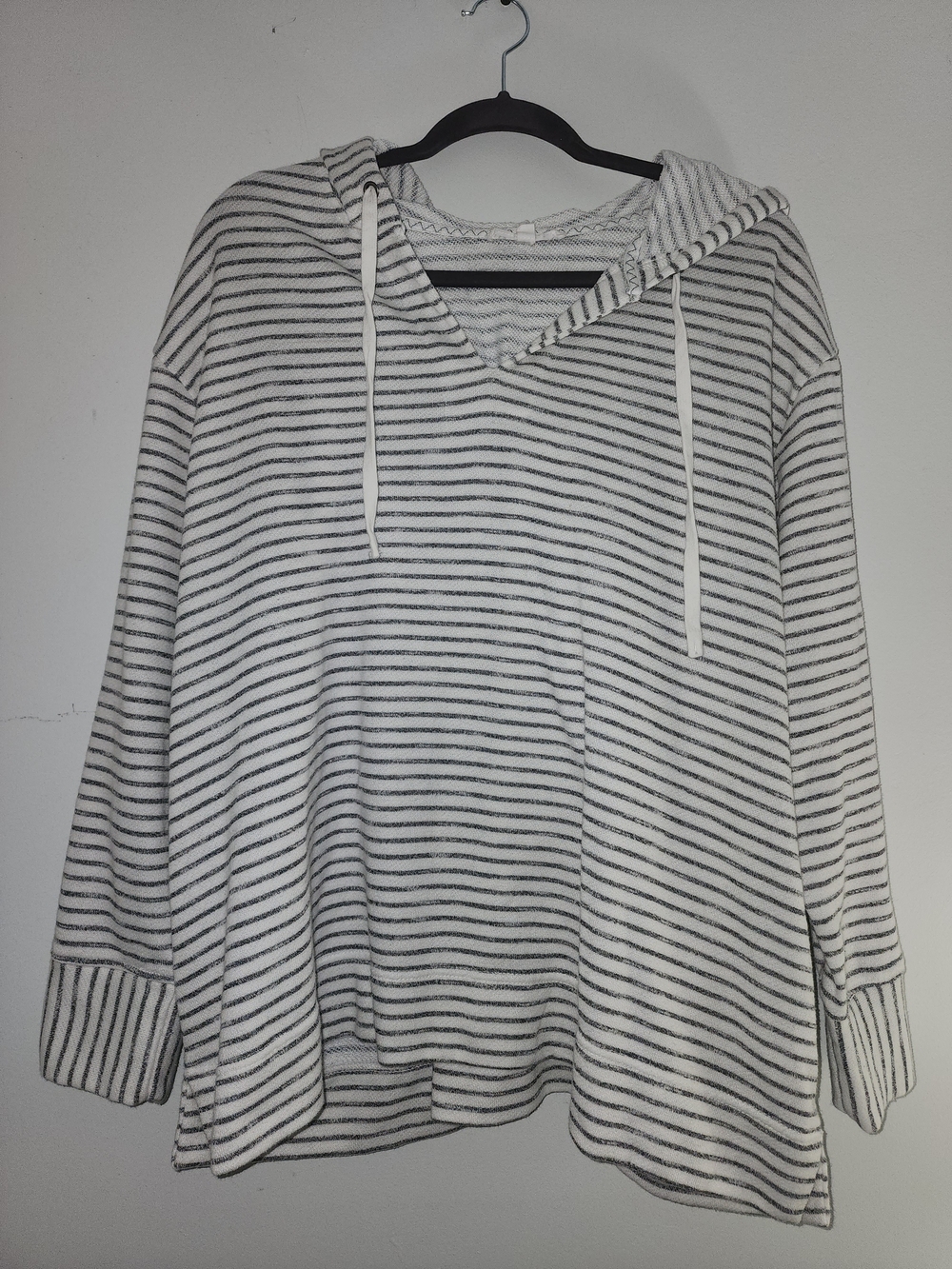 Plus Womens Striped Hooded Pullover Top - White and Gray